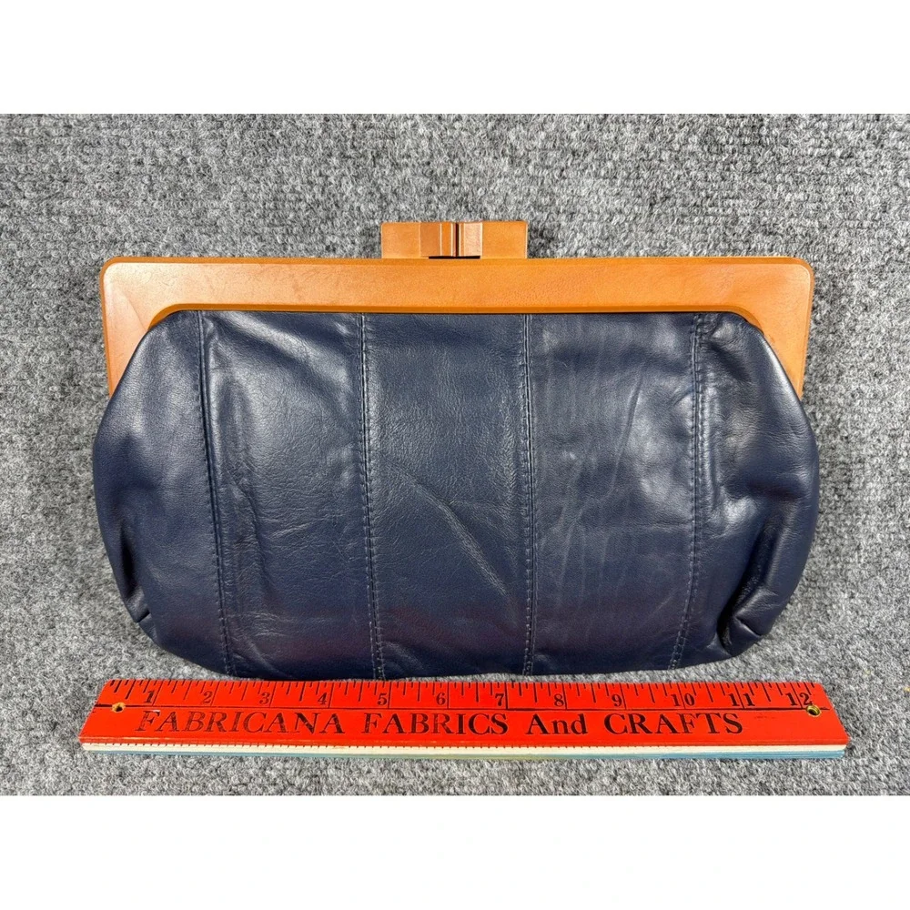 Vintage Navy Blue Genuine Leather Kiss Lock Clutch Wood Look Frame 12 Inch